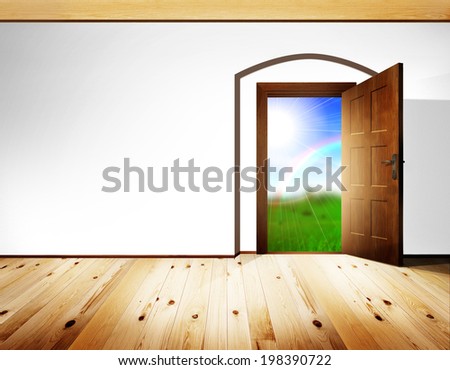 Open door with architectural element - barrel vault; white wall, light rustic wooden floor and timber ceiling construction
