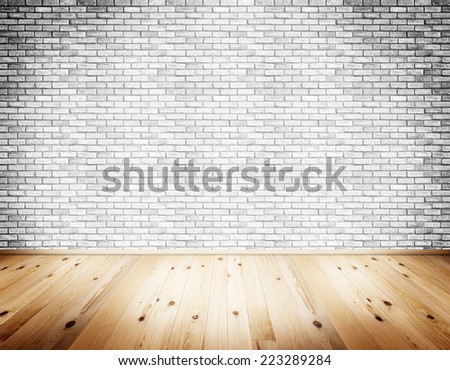 Empty clean interior with white brick wall and natural wooden rustic floor