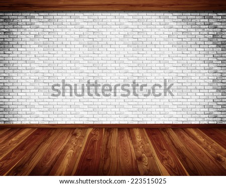 Empty clean interior with white brick wall and dark wooden rustic floor