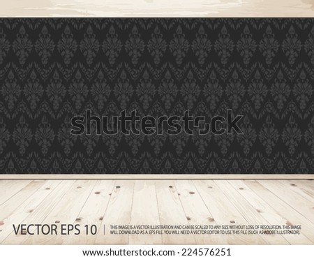 Empty clean interior with dark wallpaper and natural wooden rustic floor - vector