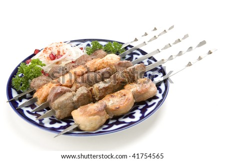 Five kinds of shish kebab on white ground