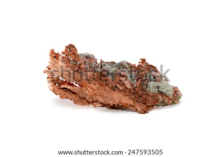 Raw Copper Nugget - Close-up of a native copper nugget with crystal impurities.  Studio macro.  Isolated on white.  Sample is from Upper Michigan\'s Keweenaw.
