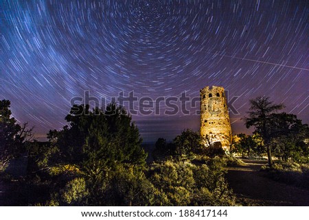 Stars trace in the Watch tower, Grand Canyon national park in Arizona