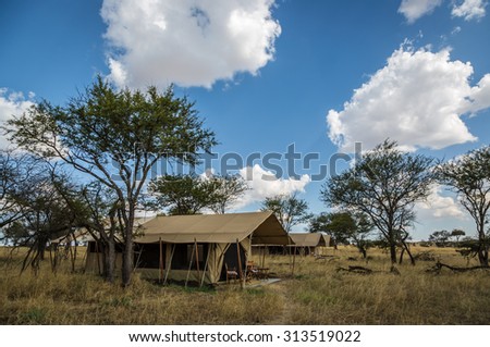 Mobile tents all over the savannah in the Serengeti National Park, Tanzania, Africa