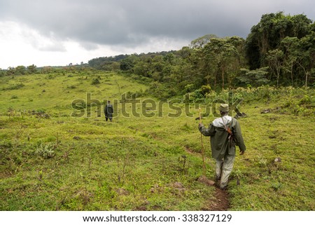 Virunga National Park, DR.Congo - October 5th 2015 - Two rangers patrolling inside the Virunga National Park in DRC, Central Africa.