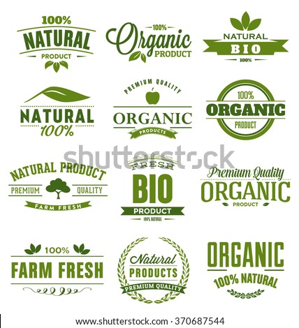 Natural, Organic, Bio, Farm Fresh Design Collection - A set of twelve green colored vintage style Designs on light background