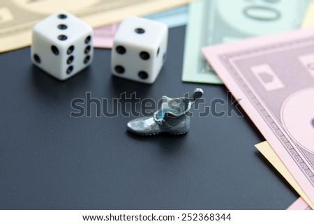 February 8, 2015 - Houston, TX, USA.  Monopoly shoe, dice and money