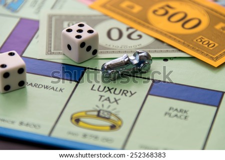 February 8, 2015 - Houston, TX, USA.  Monopoly game board with car on Luxury Tax