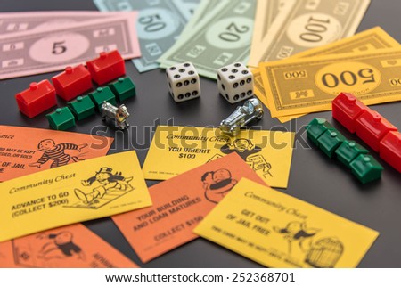 February 8, 2015 - Houston, TX, USA.  Monopoly money, playing pieces and cards