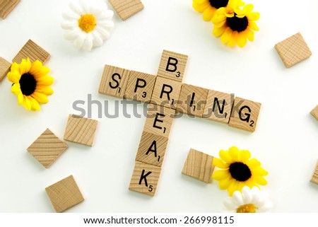 December 19, 2014: Houston, TX, USA (Illustrative Editorial) - Scrabble word game wood tiles spelling Spring Break