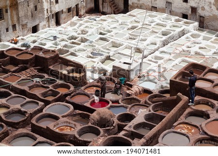 THES, MOROCCO - MAY 31, 2013: Photo of Leather tanning and dyeing Shuara.