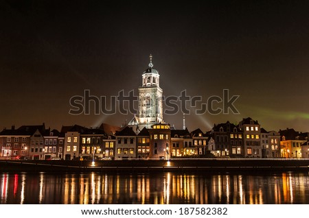 Deventer at night view from the other side of the Ijssel with the Lebuinuschurch