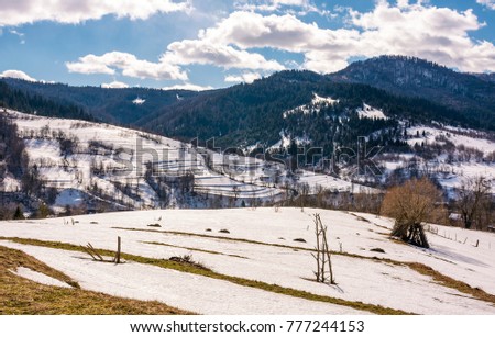 spring is comming. last days of winter landscape. rural field with weathered yellow grass covered with snow. village at the foot of the mountain ridge