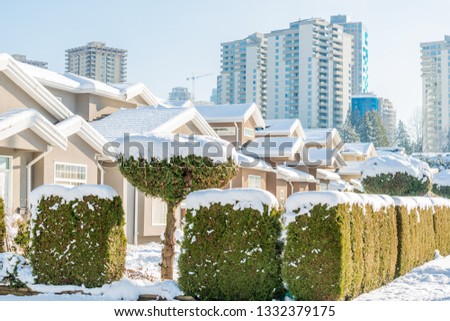 Houses in suburb at Winter in the north America. Luxury houses covered nice snow.