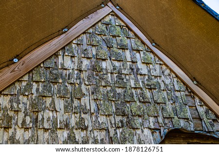 Background of textures and angles  on the tarpaulin covered roof line of an abandoned weathered cabin in the woods.