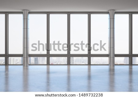 Empty office interior with panoramic window, new york city view and daylight. 3D Rendering