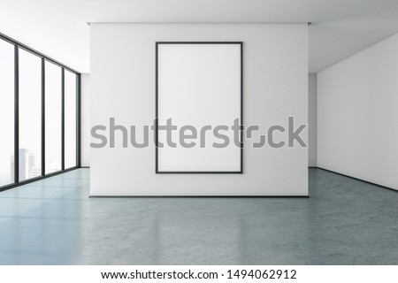 Minimalistic gallery with city view and empty poster on concrete wall. Museum concept. Mock up, 3D Rendering