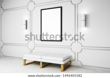 White gallery interior with bench and empty banner on concrete wall. Mock up, 3D Rendering