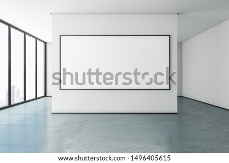 Contemporary gallery with city view and empty banner on concrete wall. Museum concept. Mock up, 3D Rendering