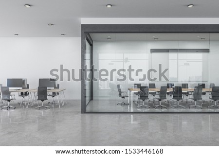Grey spacious office room interior with city view and daylight. Workplace design concept. 3D Rendering