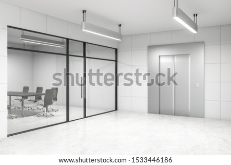 Contemporary white office interior with elevator, glass, furniture, cand daylight. Startup and entrepreneurship concept. 3D Rendering