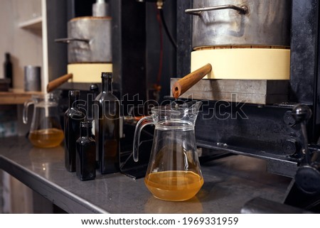 Local small seed oil production. Fresh extra virgin linseed oil extraction process.