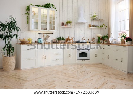 A Cozy Modern kitchen room interior, real photo, no people