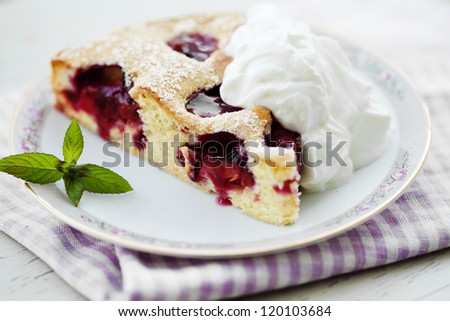 closeup of a slice of homemade plum tart/pie