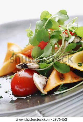 pasta salad with tomato,rocca,mushrooms,herbs - stock photo