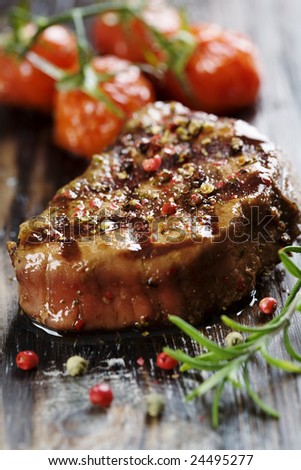 close-up of juicy sirloin beef covered in pepper
