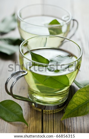 stock photo : closeup of fresh green tea, focus on the tea leaves in the water