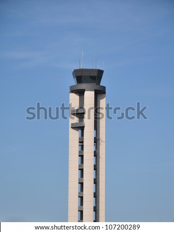 Portrait view of the Raleigh Durham International Airport traffic control tower in North Carolina