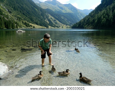 SCHLADMING,AUSTRIA - AUGUST,24, 2013. Boy plays with ducks at  the lake, on the  fourth station of the trip WILD WATERS ,in the mountains of Schladming,Austria.
