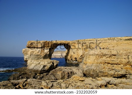 The Azure Window , the oldest rock found on the Maltese islands -  Gozo Island . This World Heritage Site is  in danger of  collapse.