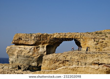 The Azure Window , the oldest rock found on the Maltese islands -  Gozo Island . This World Heritage Site is  in danger of  collapse.