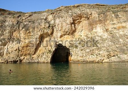 GOZO ISLAND , MALTESE ISLANDS, EUROPE - NOVEMBER 11, 2014. At the entrance of the Azure  Window Grotto in the Island of Gozo,famous place at the Mediterranean Sea.