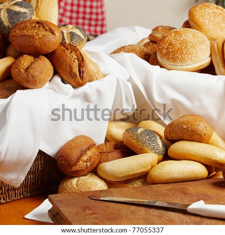 different fresh breakfast rolls on a table