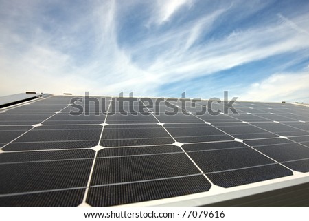 closeup of modern solar panels on a roof