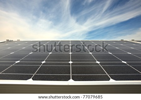closeup of modern solar panels on a roof