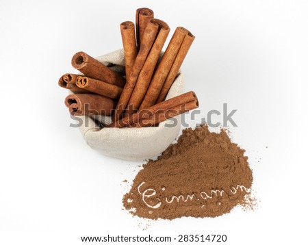 Bunch of cinnamon sticks in a canvas bag and \