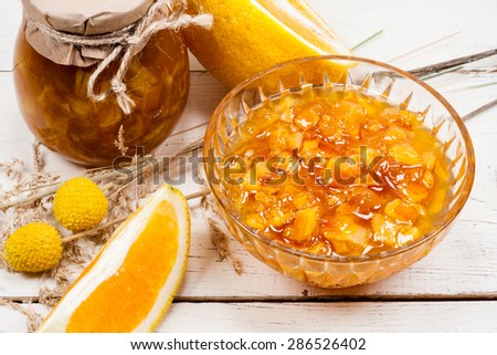 Homemade orange jam in a crystal bowl.