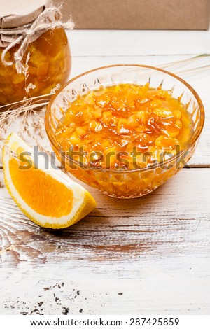 Homemade orange jam in a crystal bowl.
