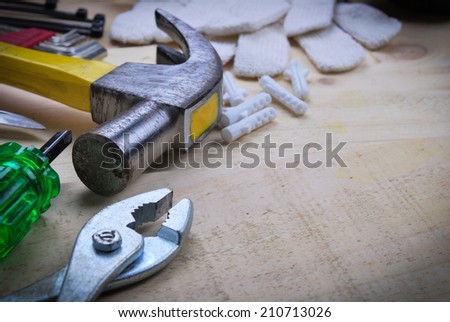 tool renovation on  wood plank table