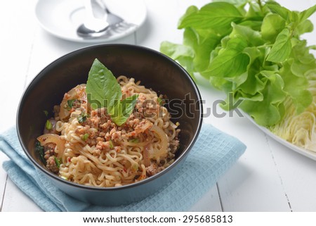Instant noodle with spicy minced pork salad, minced pork mash with spicy, Thai food