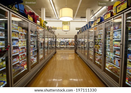 GOLETA, CALIFORNIA - JUL 12: Albertson's supermarket grocery store freezer/ frozen foods aisle on July 12, 2011