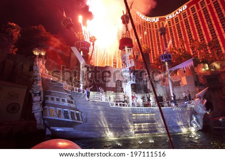 LAS VEGAS - JAN 18: The outdoor live free show The Sirens of Treasure Island on Jan 18, 2011 in Las Vegas, Nevada. The show presents several times nightly with a large cast of stunt performers.