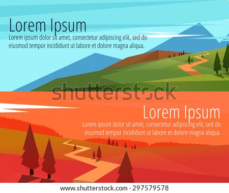 Two banners set with evening and day valley, trees and mountain landscape and sign. Abstract isolated vector illustration