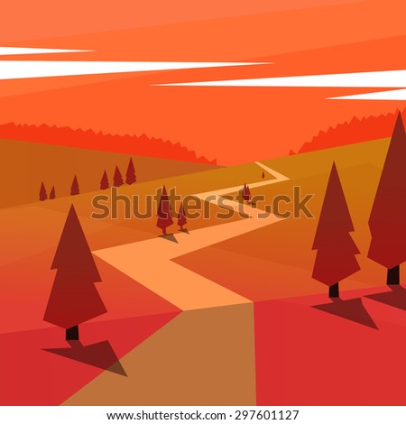 Sunset landscape with trees, mountains, hills and footpath. Vector isolate illustration.