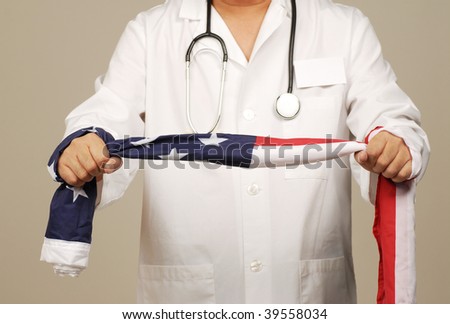 doctor using stethoscope and American flag  to  debate health care reform