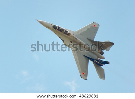 RUSSIA, MAKS - AUGUST 28: MIG-35 fighter performing aerobatic elements at MAKS  aviation salon August 28, 2007 in Zhukovski, Russia